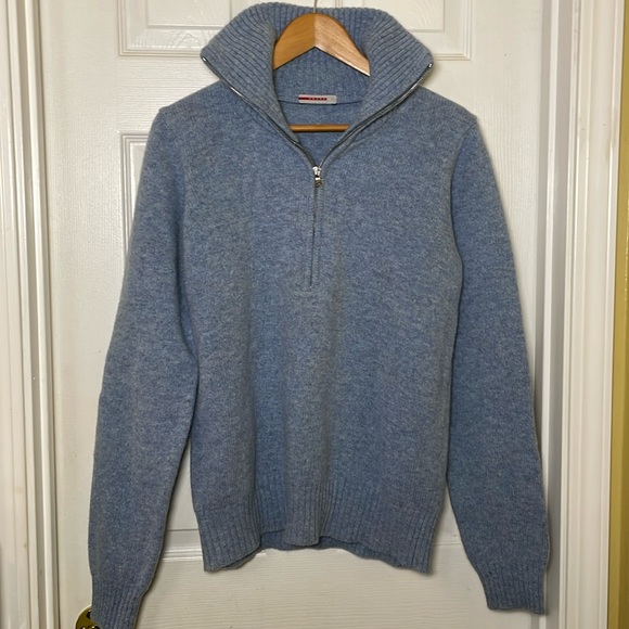 Prada Men's Wool Quarter Zip Sweater Turtleneck Winter Blue Pullover Size 52 - Picture 1 of 13